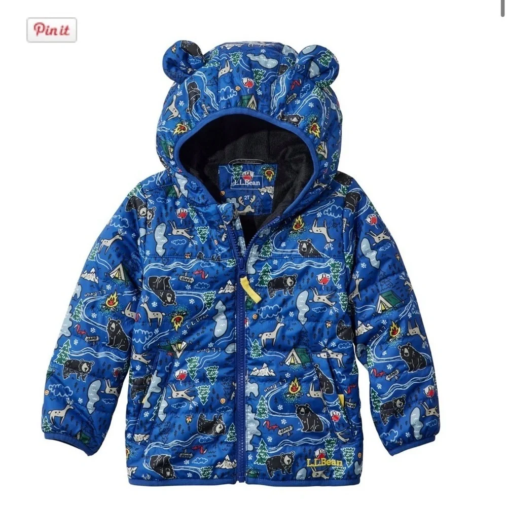 L.L. Bean Kids Down Jacket – Blue Campsite, Fleece-Lined (Size 12-18 months)